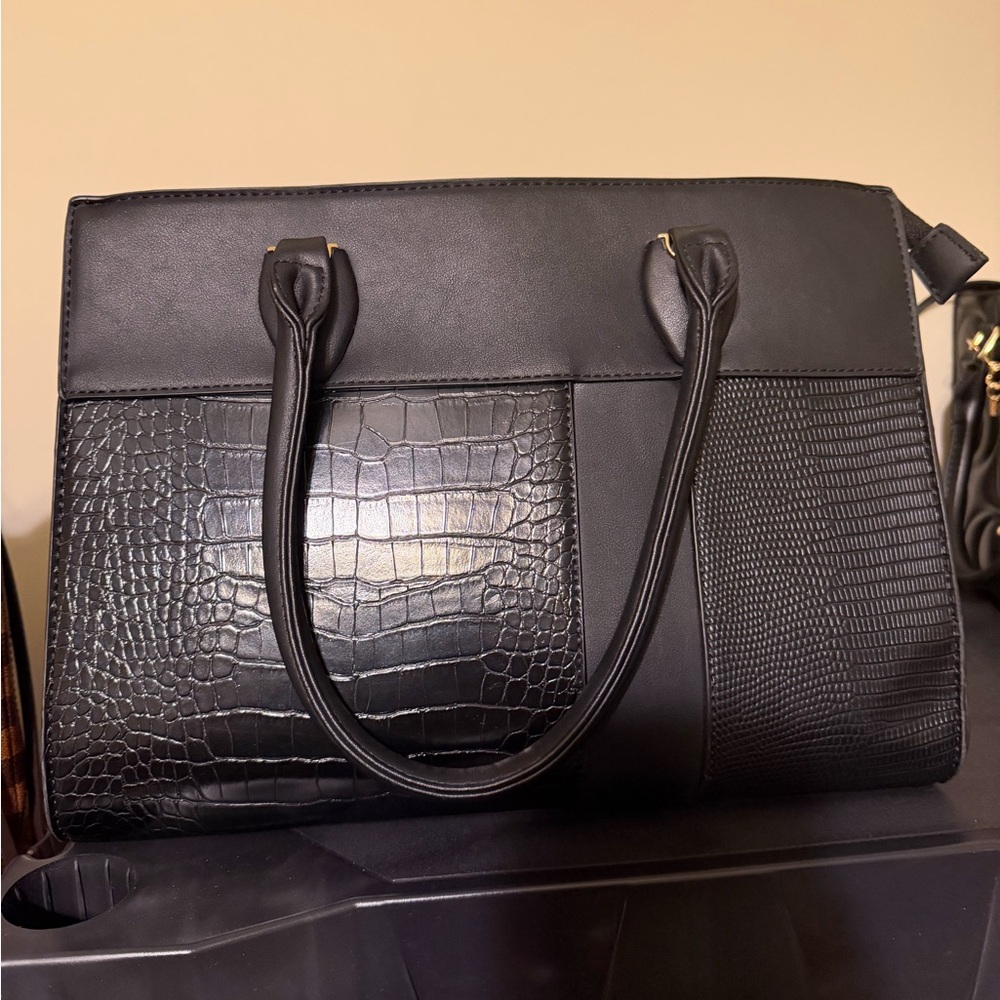 Black Faux Leather Structured Tote Bag